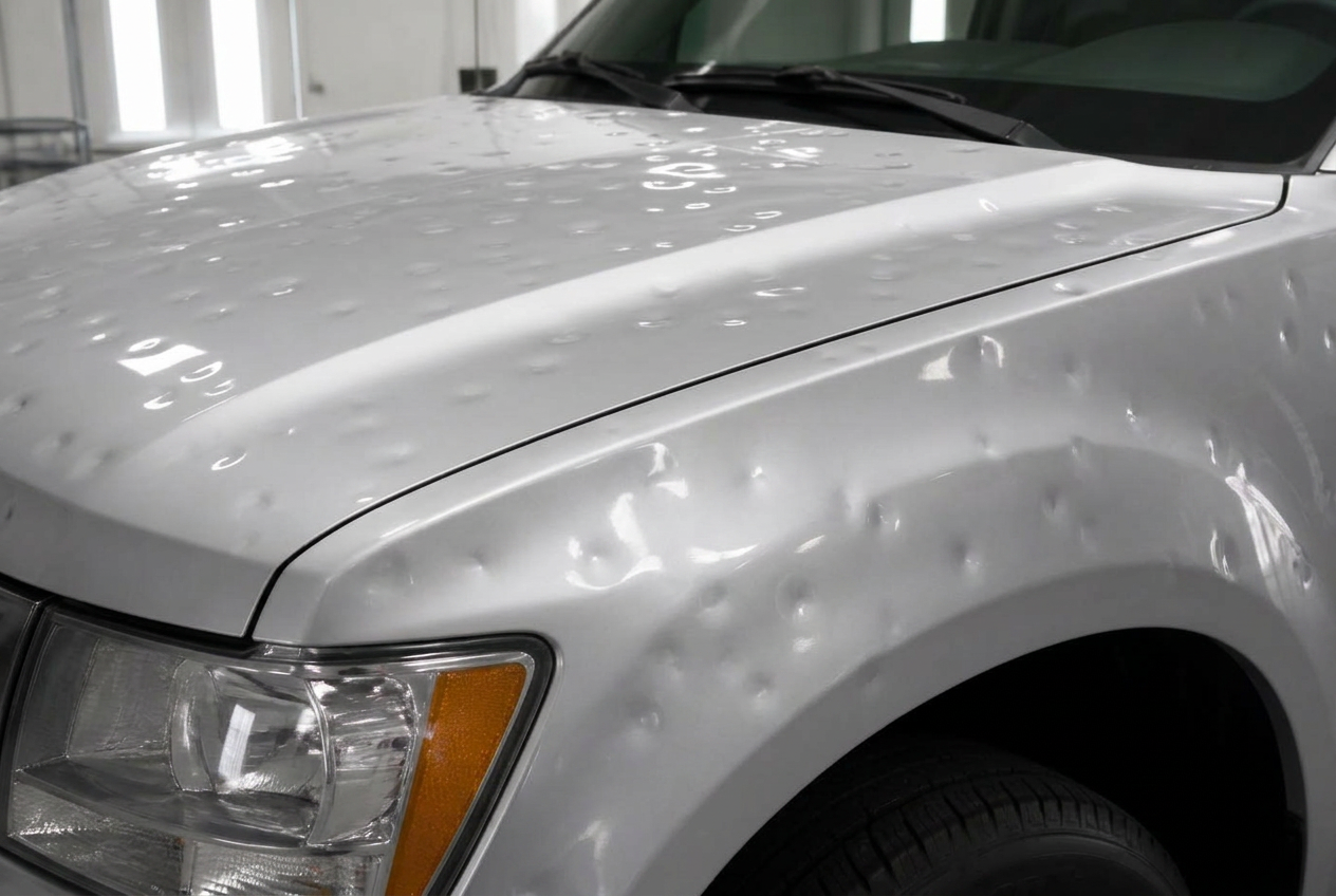 Truck hood and fender with hail dents before repair